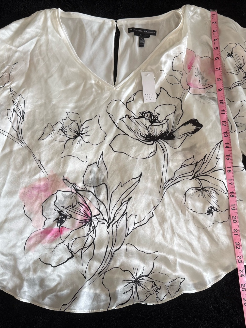 White House Black Market White Floral V-Neck Blouse with Pink Highlights